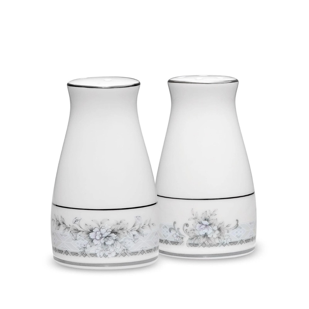 Noritake White Ceramic Salt & Pepper Shakers with Gray Floral Motif